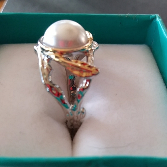 NWOT PEARL RING TWO TONE BAND SILVER PLATED SZ 7 - Picture 3 of 7